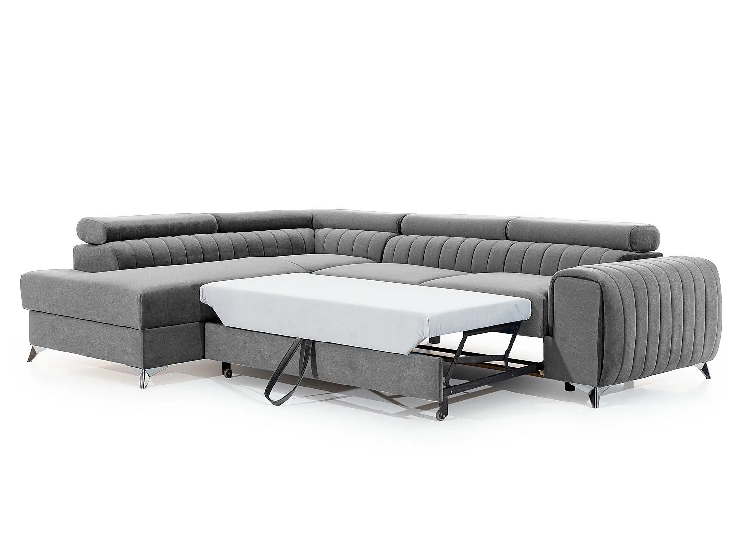Canapé d'angle droit convertible 5 places avec coffre en tissu vert émeraude LOZA