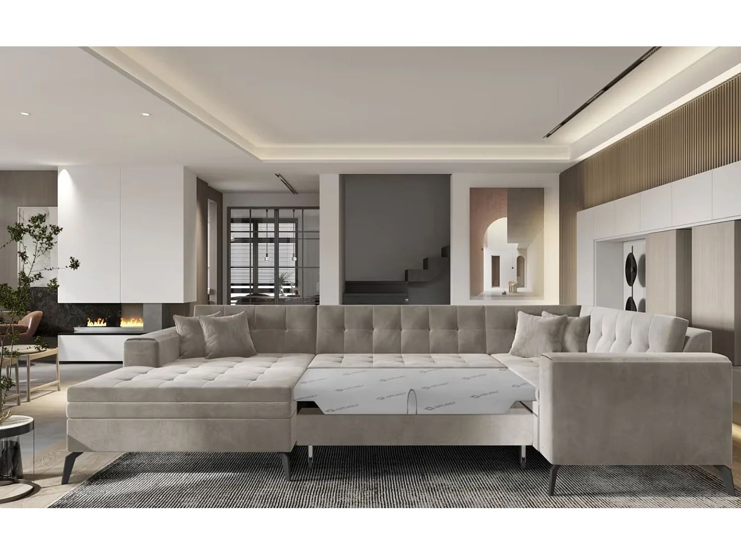 Canapé panoramique convertible BONTY velours matelassé-Taupe-Méridienne A gauche