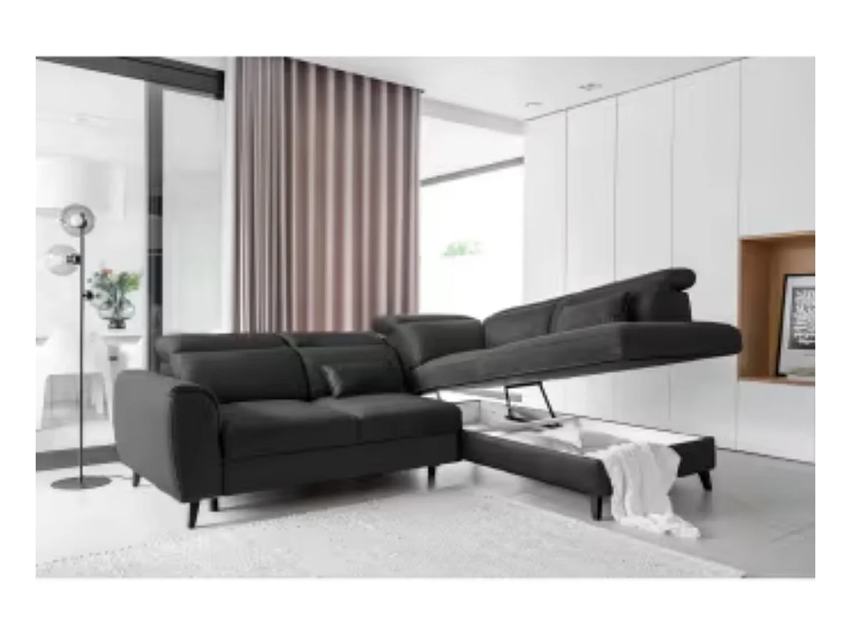 Canapé d'angle convertible avec rangement velours NOBLESSE - Pieds bois noir-Gris anthracite-angle droit