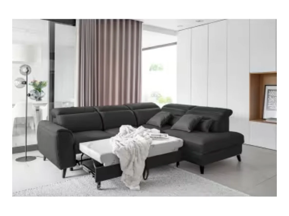 Canapé d'angle convertible avec rangement velours NOBLESSE - Pieds bois noir-Gris anthracite-angle droit