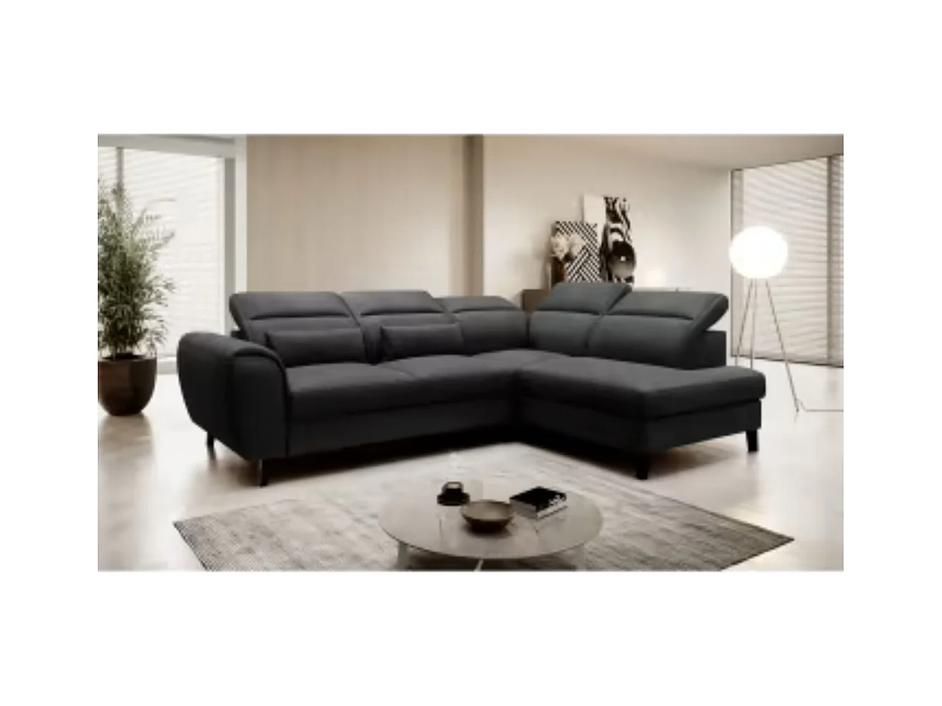 Canapé d'angle convertible avec rangement velours NOBLESSE - Pieds bois noir-Gris anthracite-angle droit