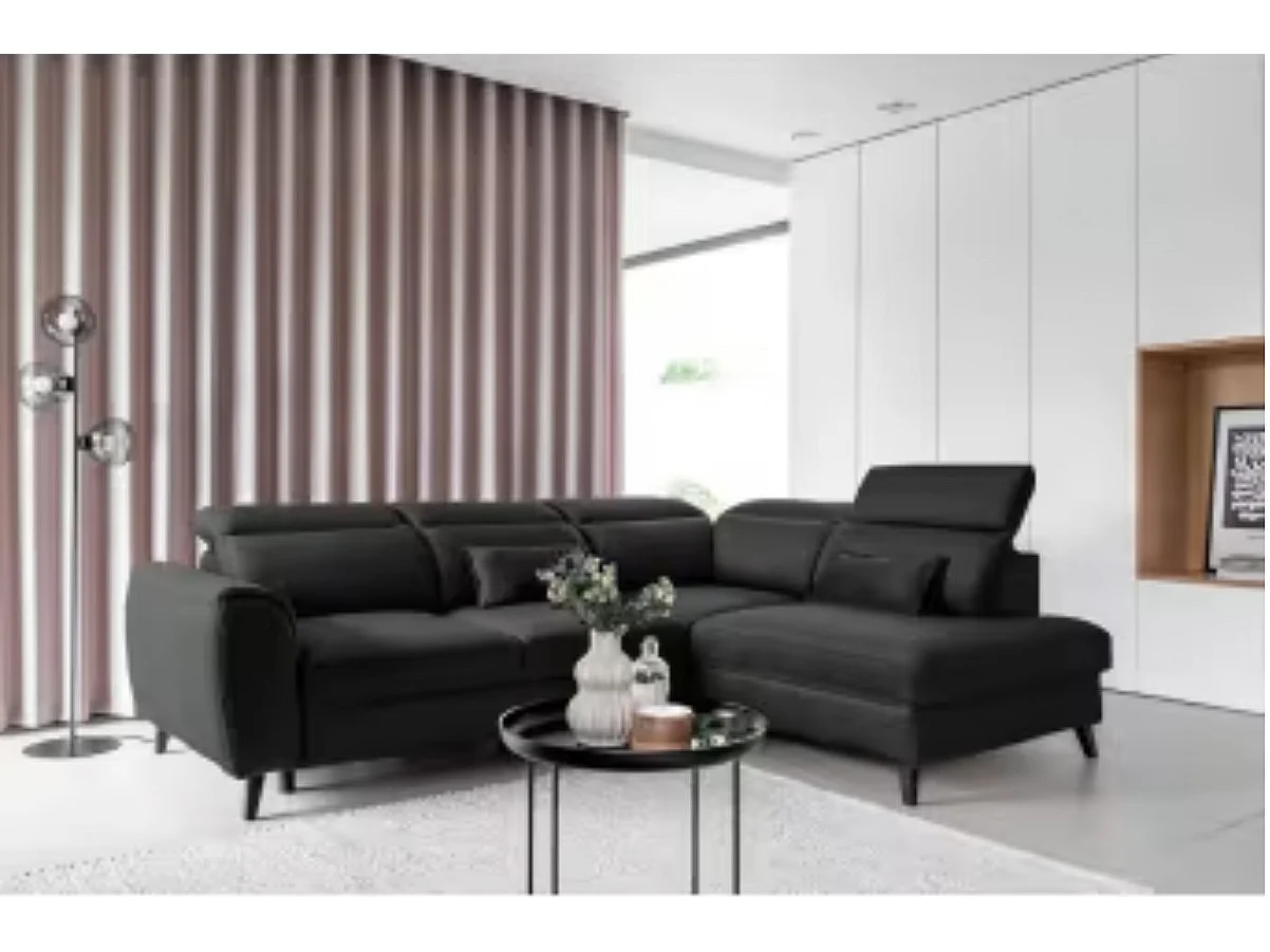 Canapé d'angle convertible avec rangement velours NOBLESSE - Pieds bois noir-Gris anthracite-angle droit