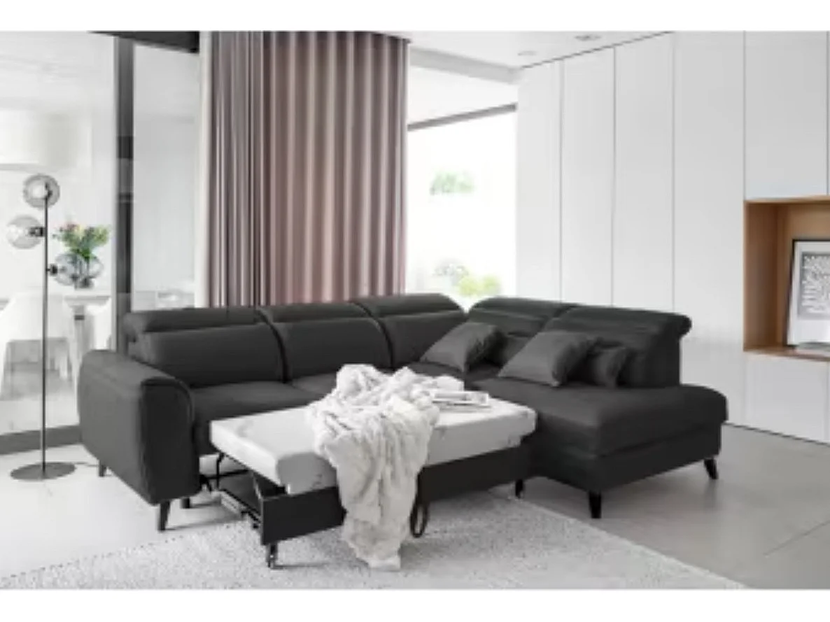 Canapé d'angle convertible avec rangement velours NOBLESSE - Pieds bois noir-Gris anthracite-angle droit