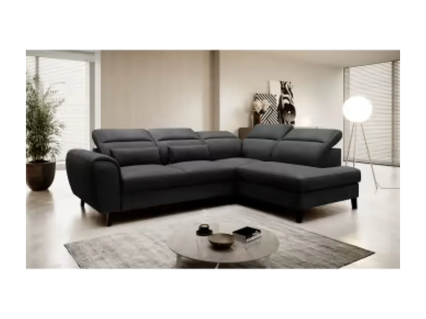 Canapé d'angle convertible avec rangement velours NOBLESSE - Pieds bois noir-Gris anthracite-angle droit