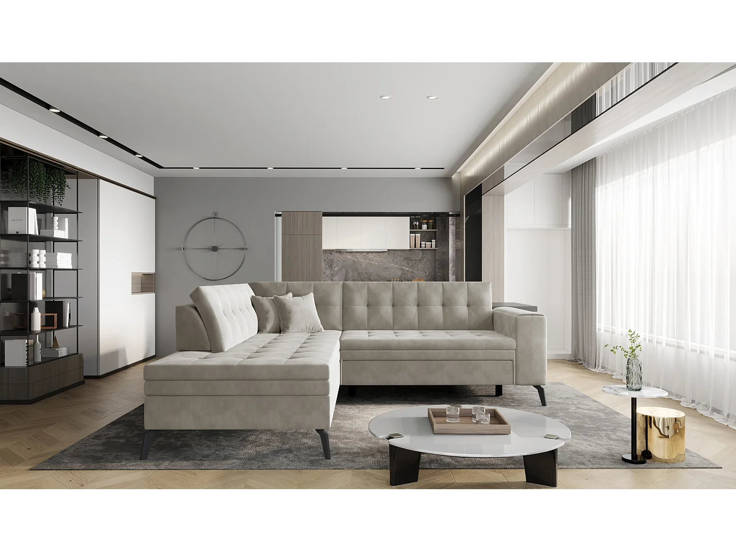 Canapé d'angle convertible tissu LARRY - Pieds acier noir-Taupe-angle gauche