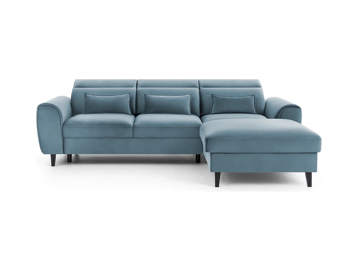 Canapé d'angle convertible velours appuis-tête réglables ASTORIA - Coffre et pieds bois noir-Bleu clair-angle droit