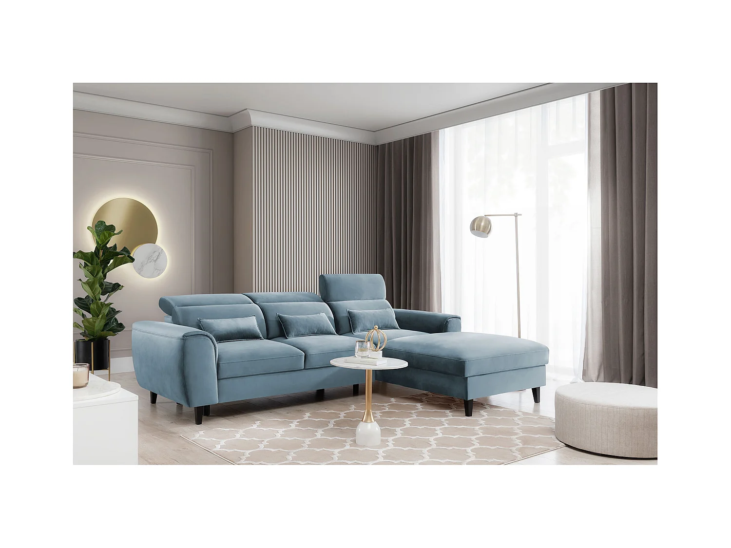 Canapé d'angle convertible velours appuis-tête réglables ASTORIA - Coffre et pieds bois noir-Bleu clair-angle droit