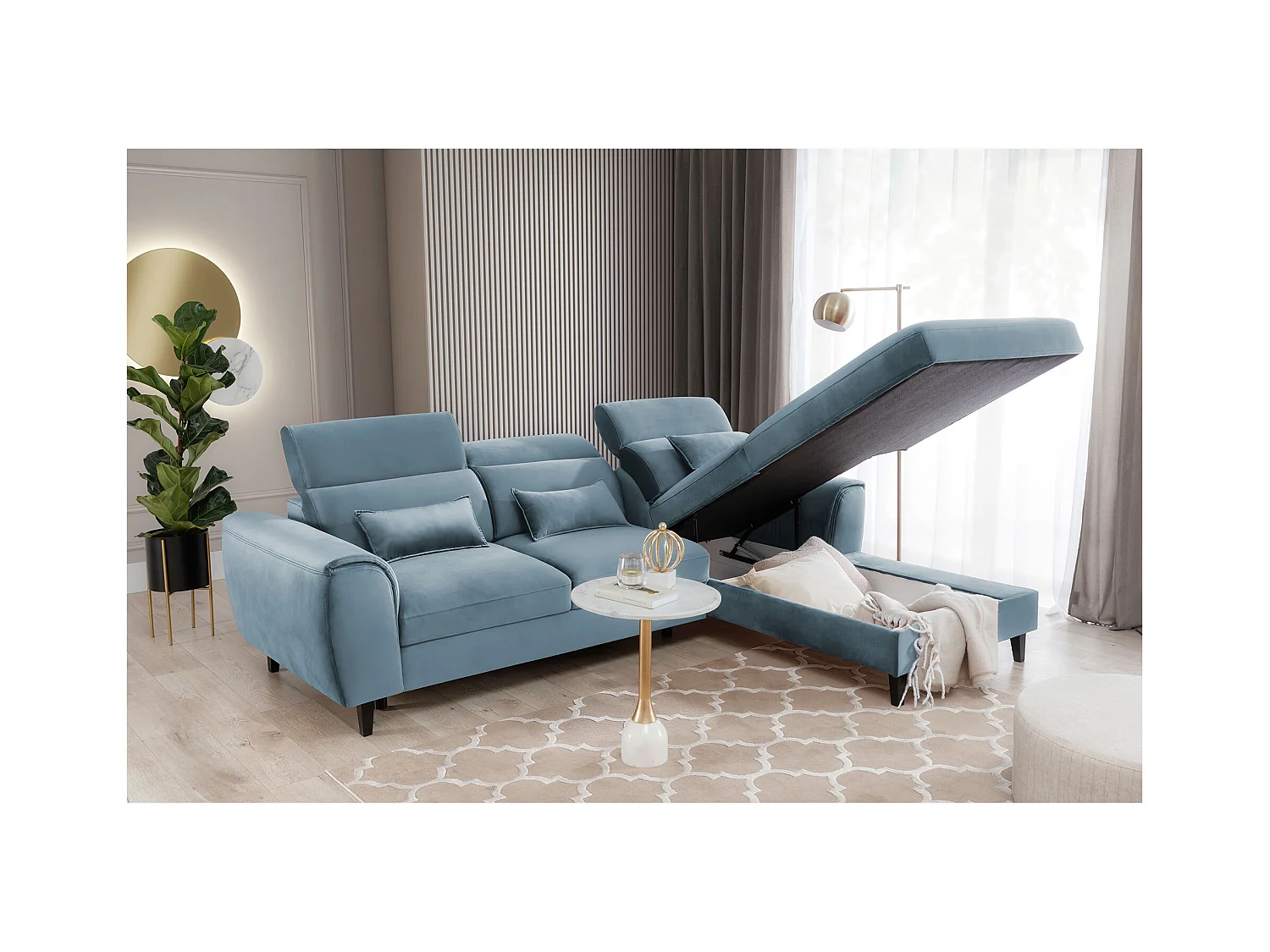 Canapé d'angle convertible velours appuis-tête réglables ASTORIA - Coffre et pieds bois noir-Bleu clair-angle droit