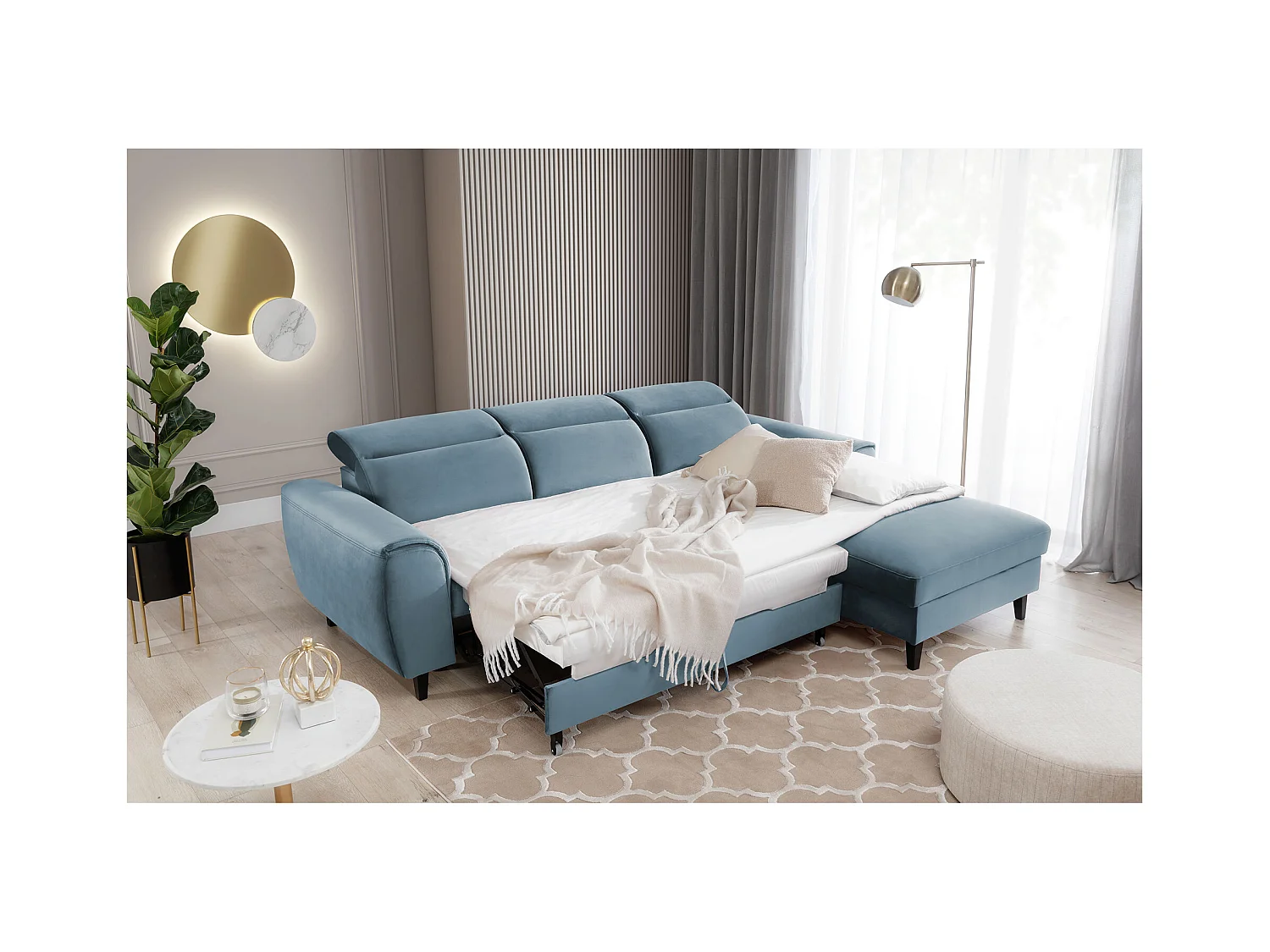 Canapé d'angle convertible velours appuis-tête réglables ASTORIA - Coffre et pieds bois noir-Bleu clair-angle droit