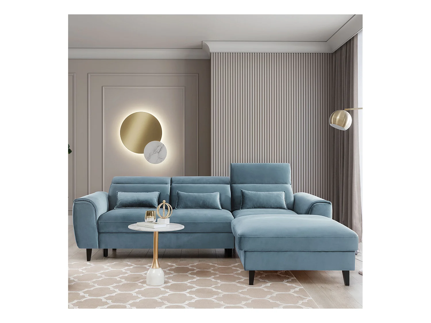 Canapé d'angle convertible velours appuis-tête réglables ASTORIA - Coffre et pieds bois noir-Bleu clair-angle droit