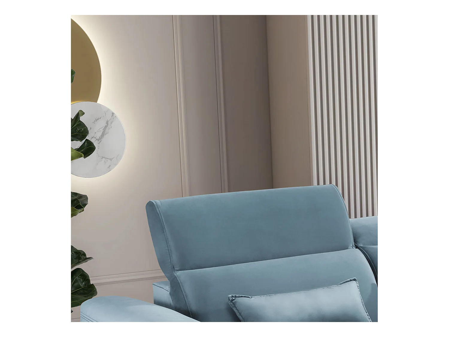 Canapé d'angle convertible velours appuis-tête réglables ASTORIA - Coffre et pieds bois noir-Bleu clair-angle droit