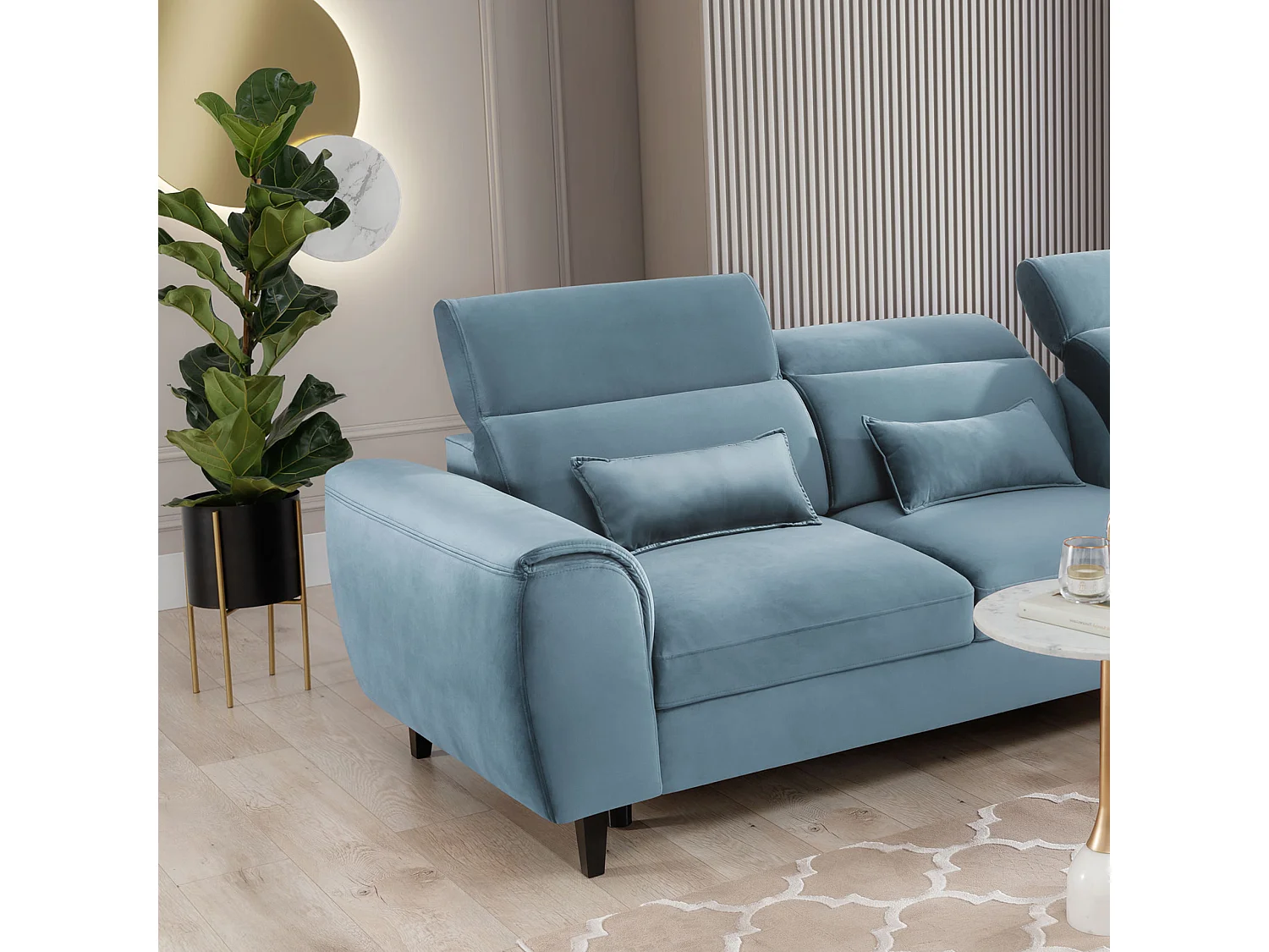 Canapé d'angle convertible velours appuis-tête réglables ASTORIA - Coffre et pieds bois noir-Bleu clair-angle droit