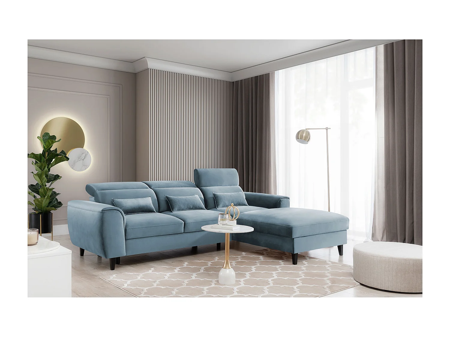 Canapé d'angle convertible velours appuis-tête réglables ASTORIA - Coffre et pieds bois noir-Bleu clair-angle droit