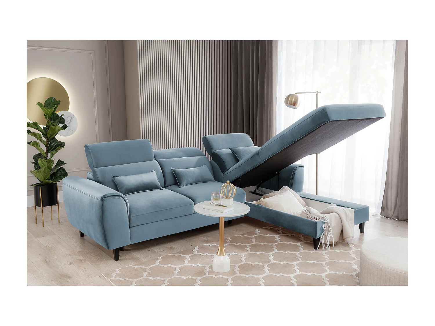 Canapé d'angle convertible velours appuis-tête réglables ASTORIA - Coffre et pieds bois noir-Bleu clair-angle droit