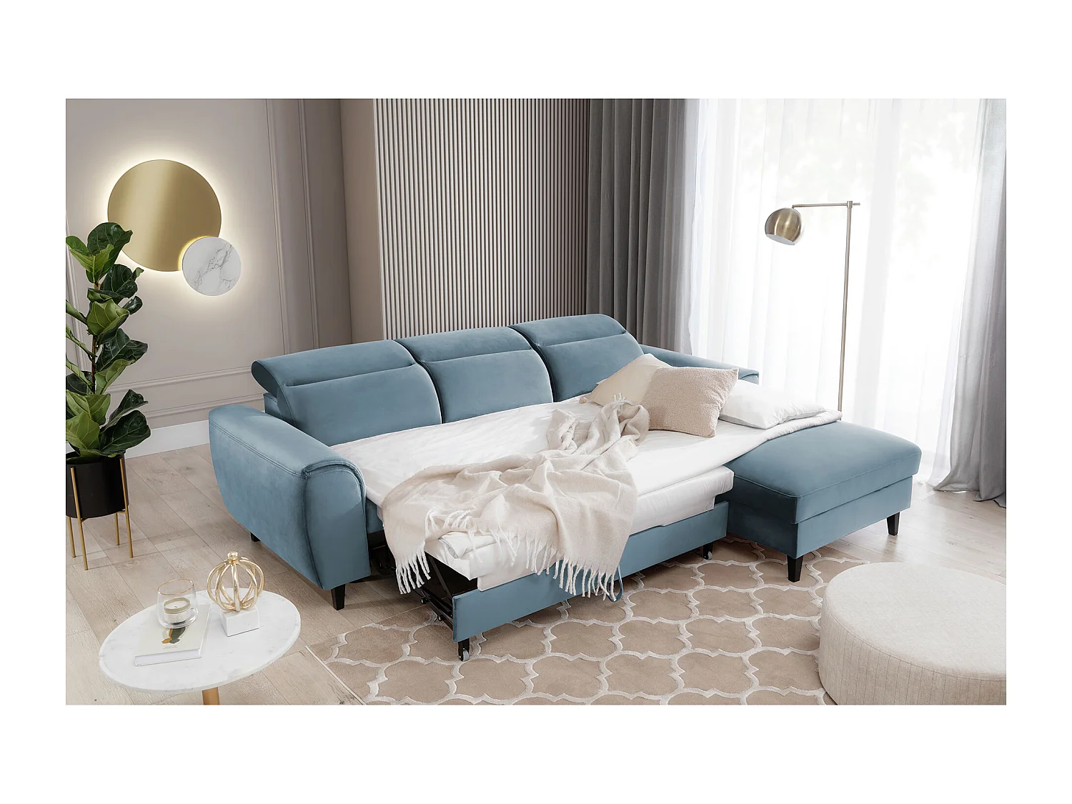 Canapé d'angle convertible velours appuis-tête réglables ASTORIA - Coffre et pieds bois noir-Bleu clair-angle droit