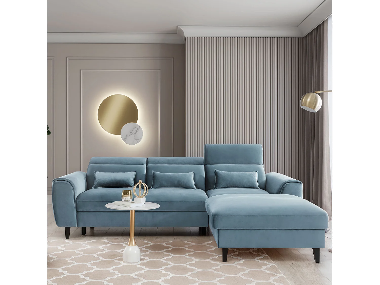 Canapé d'angle convertible velours appuis-tête réglables ASTORIA - Coffre et pieds bois noir-Bleu clair-angle droit