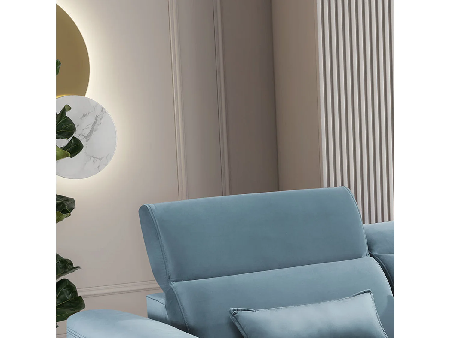 Canapé d'angle convertible velours appuis-tête réglables ASTORIA - Coffre et pieds bois noir-Bleu clair-angle droit