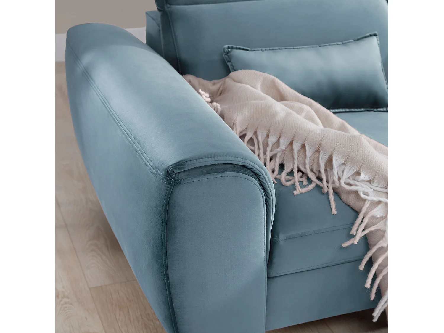 Canapé d'angle convertible velours appuis-tête réglables ASTORIA - Coffre et pieds bois noir-Bleu clair-angle droit