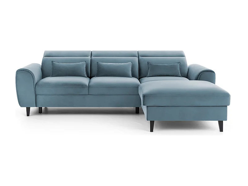 Canapé d'angle convertible velours appuis-tête réglables ASTORIA - Coffre et pieds bois noir-Bleu clair-angle droit