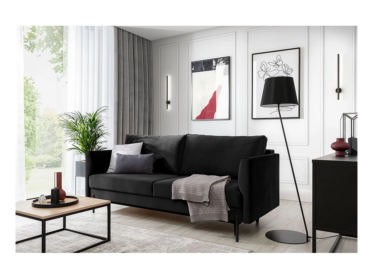 Canapé convertible en tissu ROBBY – Rangement et pieds métal noir-Noir