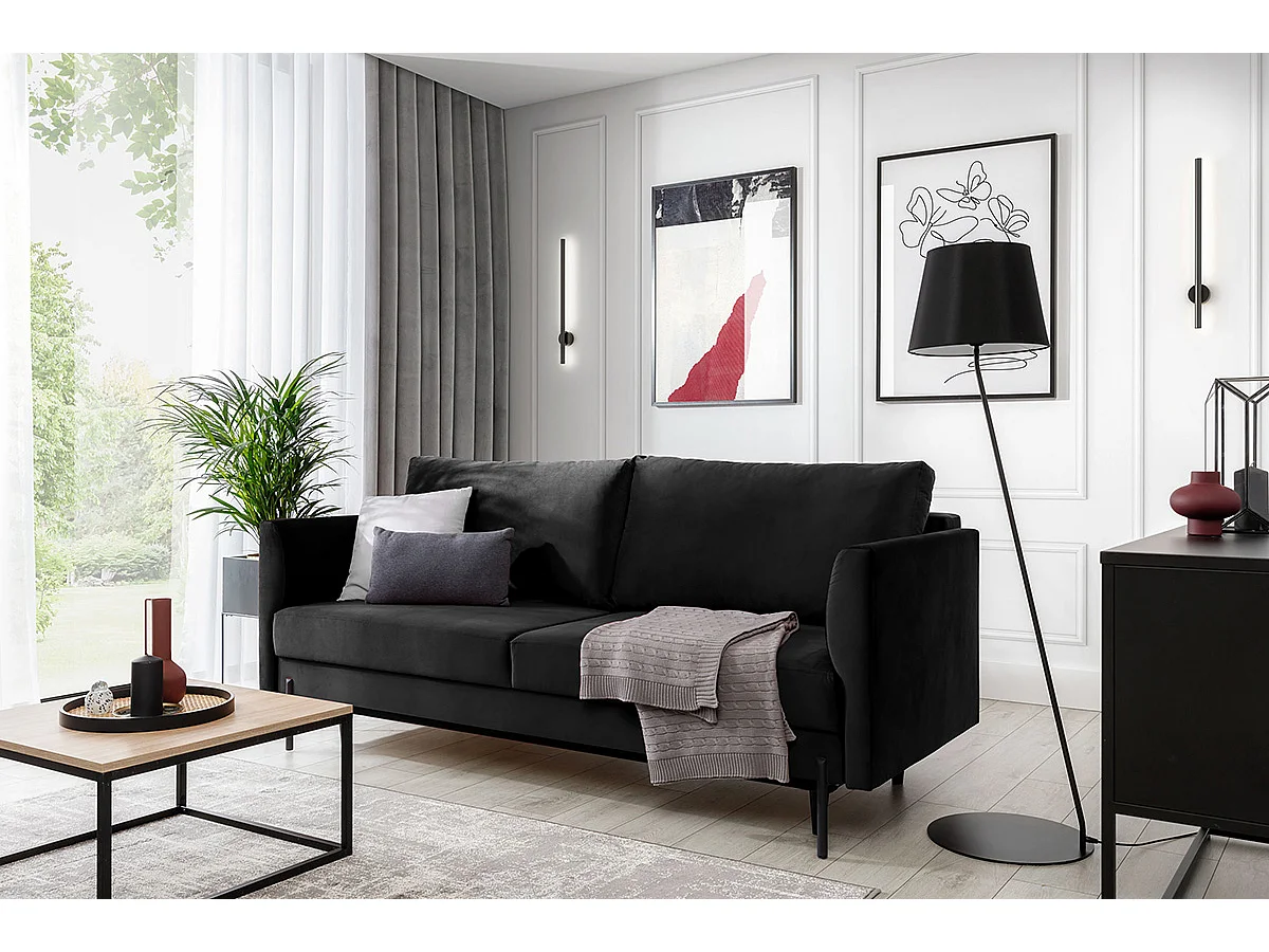Canapé convertible en tissu ROBBY – Rangement et pieds métal noir-Noir