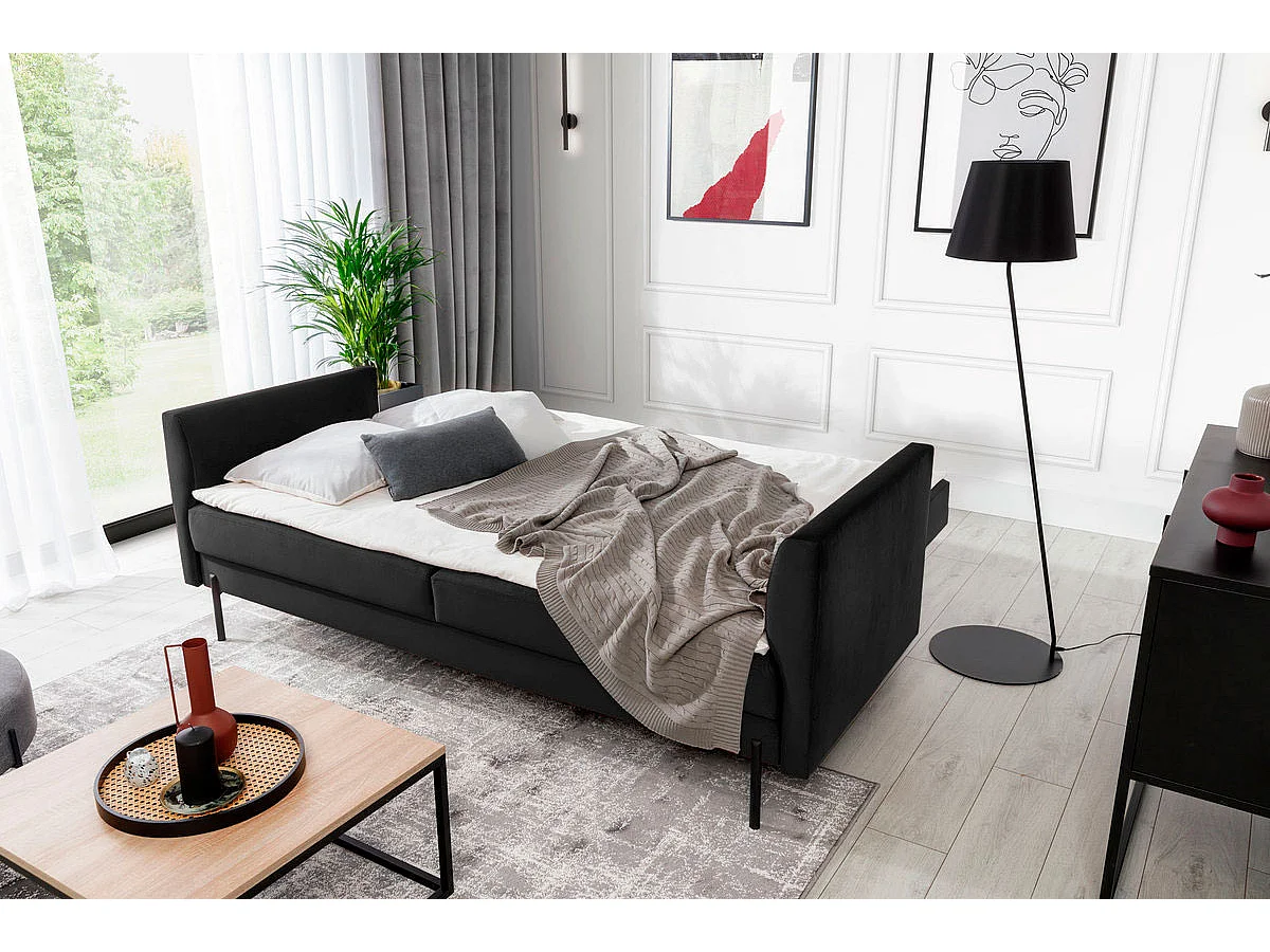 Canapé convertible en tissu ROBBY – Rangement et pieds métal noir-Noir