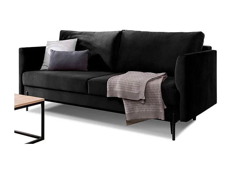 Canapé convertible en tissu ROBBY – Rangement et pieds métal noir-Noir