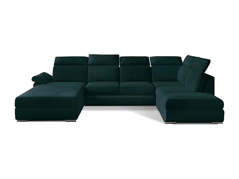 Canapé panoramique convertible LEVANO velours - Rangement et appuie-têtes réglables-Vert anglais-Coffre à gauche