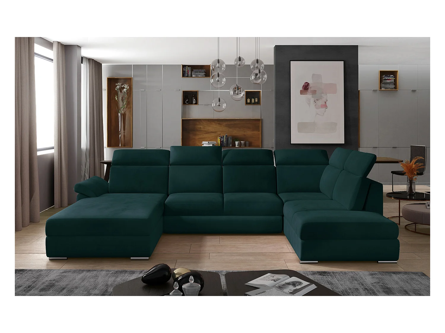 Canapé panoramique convertible LEVANO velours - Rangement et appuie-têtes réglables-Vert anglais-Coffre à gauche