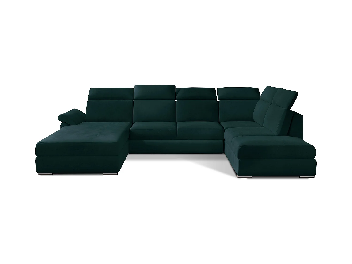 Canapé panoramique convertible LEVANO velours - Rangement et appuie-têtes réglables-Vert anglais-Coffre à gauche