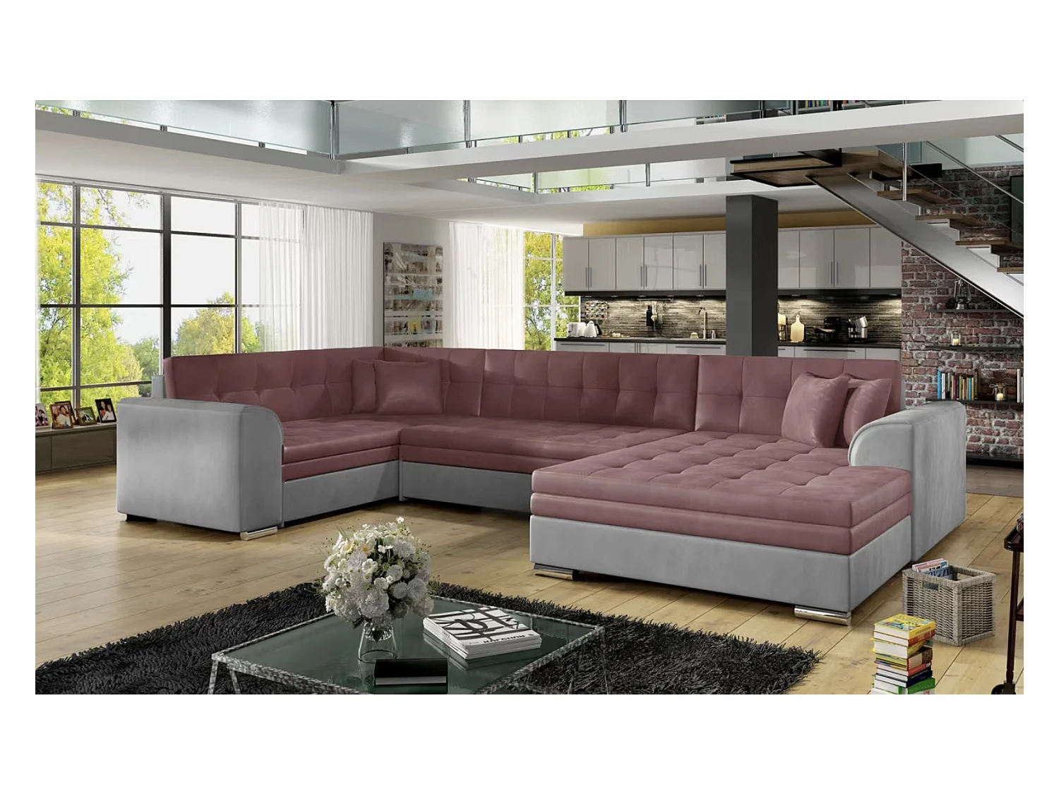 Canapé panoramique convertible DIANO velours-Gris clair/Rose-Méridienne A droite