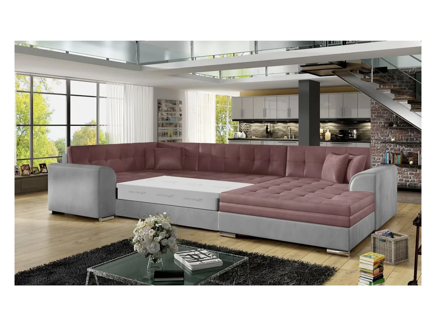 Canapé panoramique convertible DIANO velours-Gris clair/Rose-Méridienne A droite