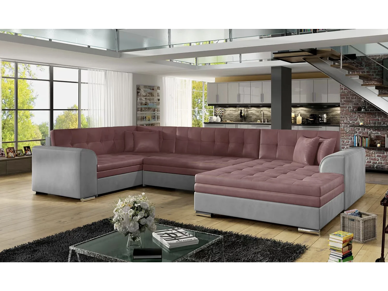 Canapé panoramique convertible DIANO velours-Gris clair/Rose-Méridienne A droite