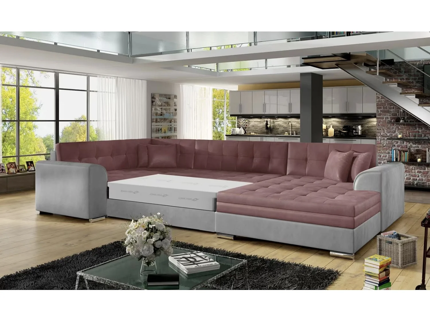 Canapé panoramique convertible DIANO velours-Gris clair/Rose-Méridienne A droite