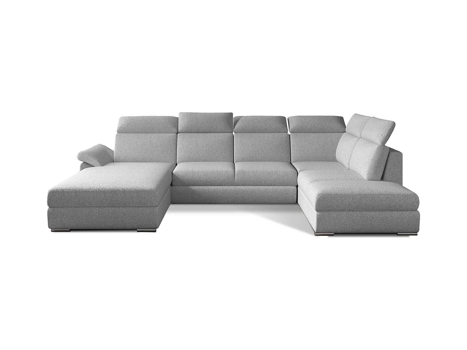 Canapé panoramique convertible LEVANO tissu - Rangement et appuie-têtes réglables-Gris clair-Coffre à gauche