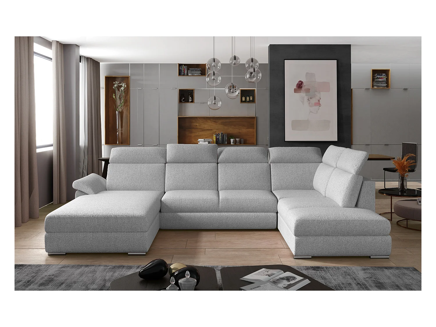 Canapé panoramique convertible LEVANO tissu - Rangement et appuie-têtes réglables-Gris clair-Coffre à gauche