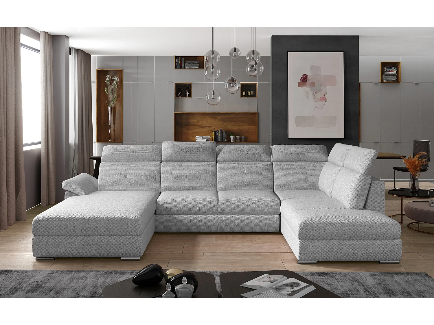 Canapé panoramique convertible LEVANO tissu - Rangement et appuie-têtes réglables-Gris clair-Coffre à gauche