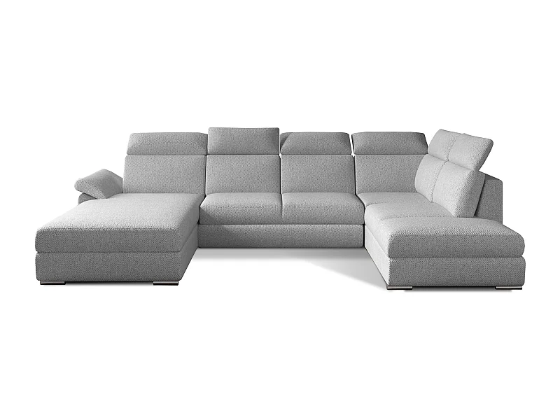 Canapé panoramique convertible LEVANO tissu - Rangement et appuie-têtes réglables-Gris clair-Coffre à gauche