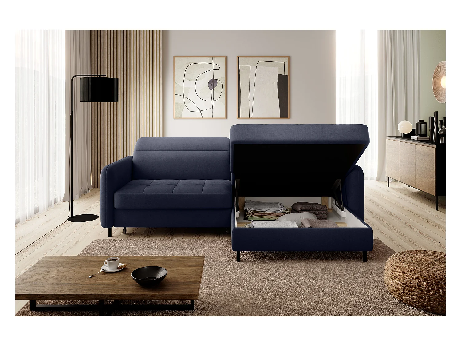 Petit canapé d’angle convertible tissu Kunder-Bleu turquin-angle droit