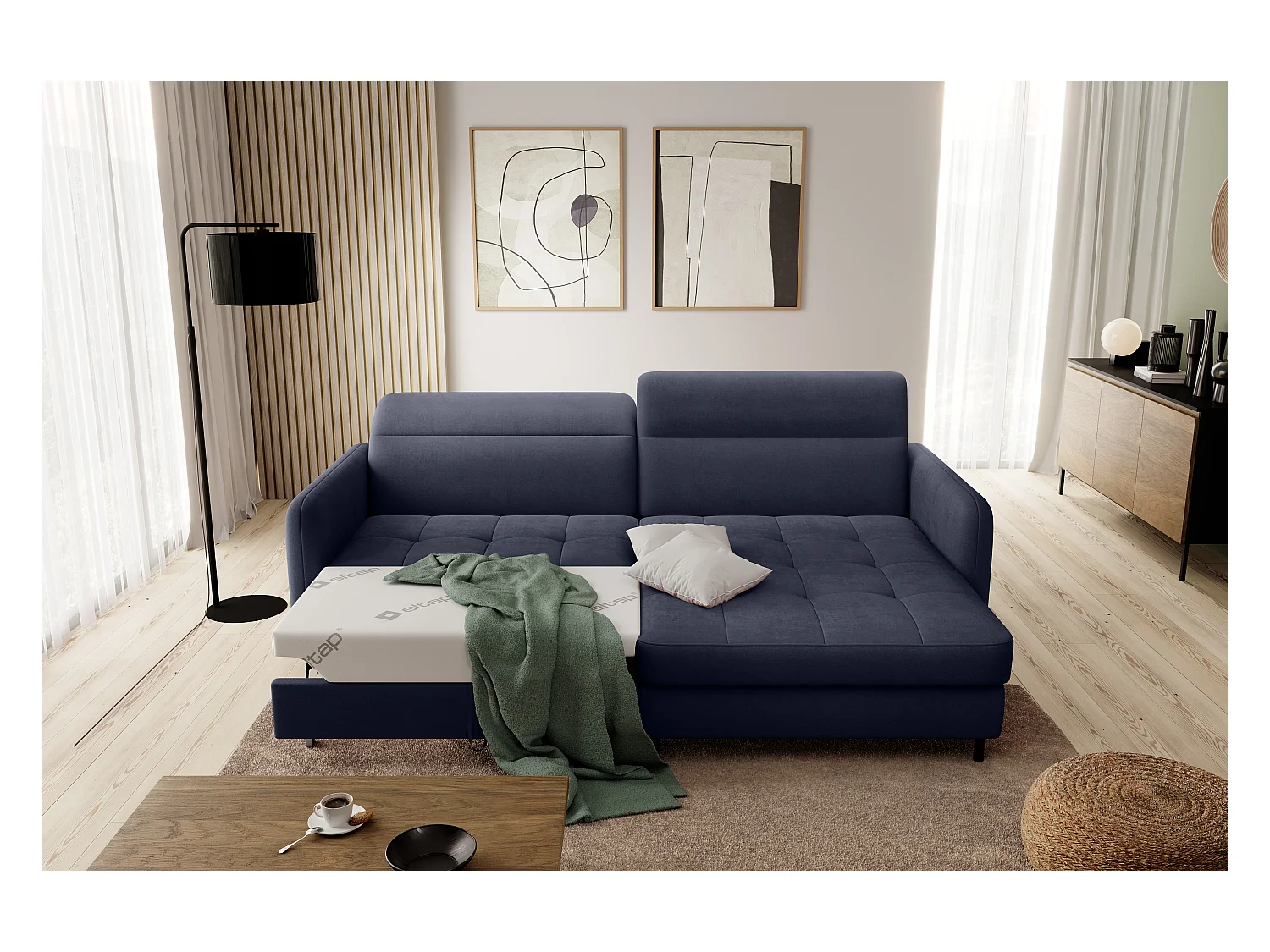 Petit canapé d’angle convertible tissu Kunder-Bleu turquin-angle droit