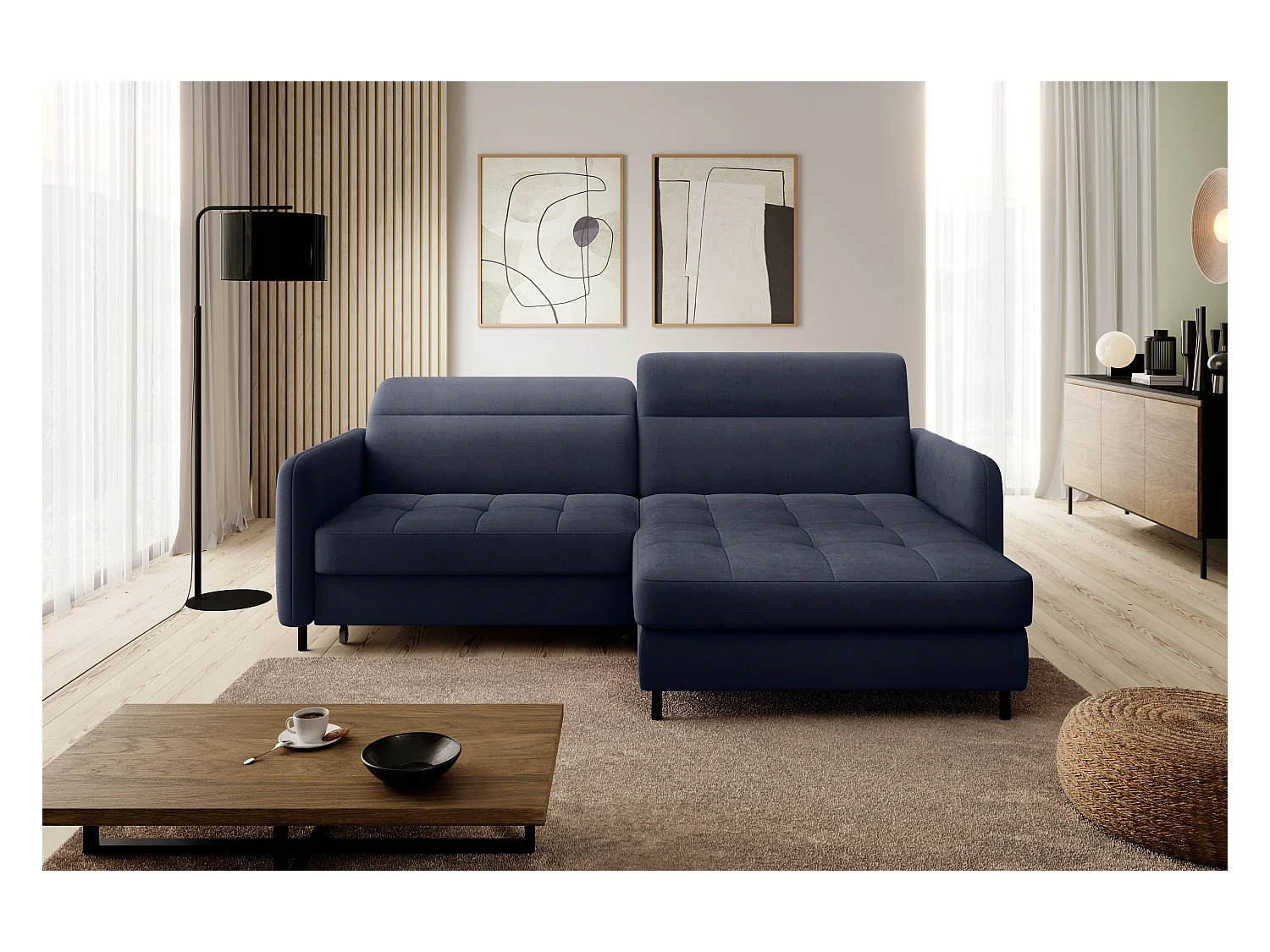 Petit canapé d’angle convertible tissu Kunder-Bleu turquin-angle droit