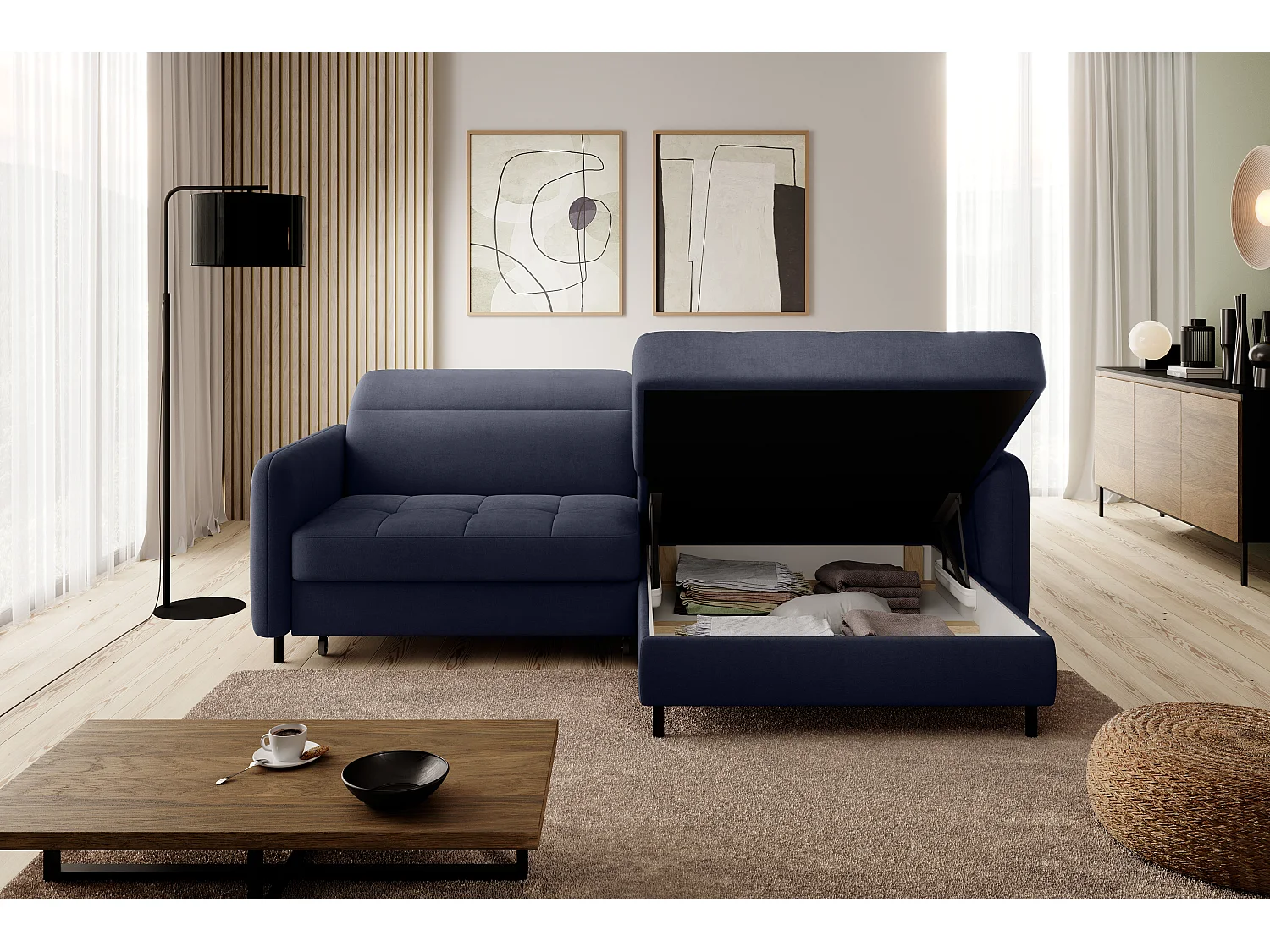 Petit canapé d’angle convertible tissu Kunder-Bleu turquin-angle droit