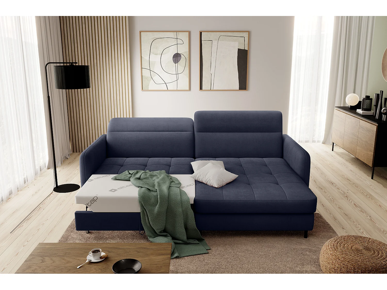 Petit canapé d’angle convertible tissu Kunder-Bleu turquin-angle droit