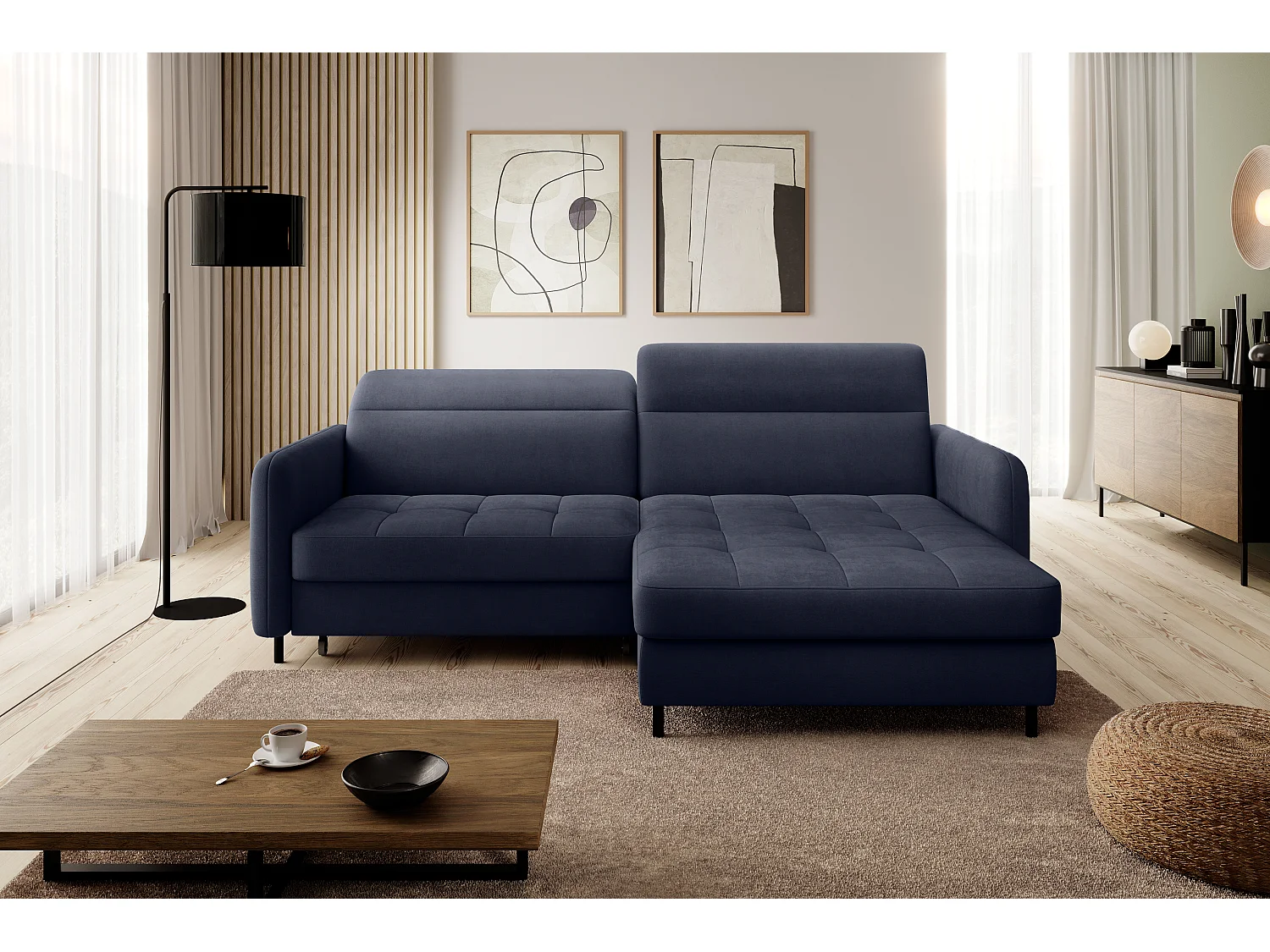 Petit canapé d’angle convertible tissu Kunder-Bleu turquin-angle droit