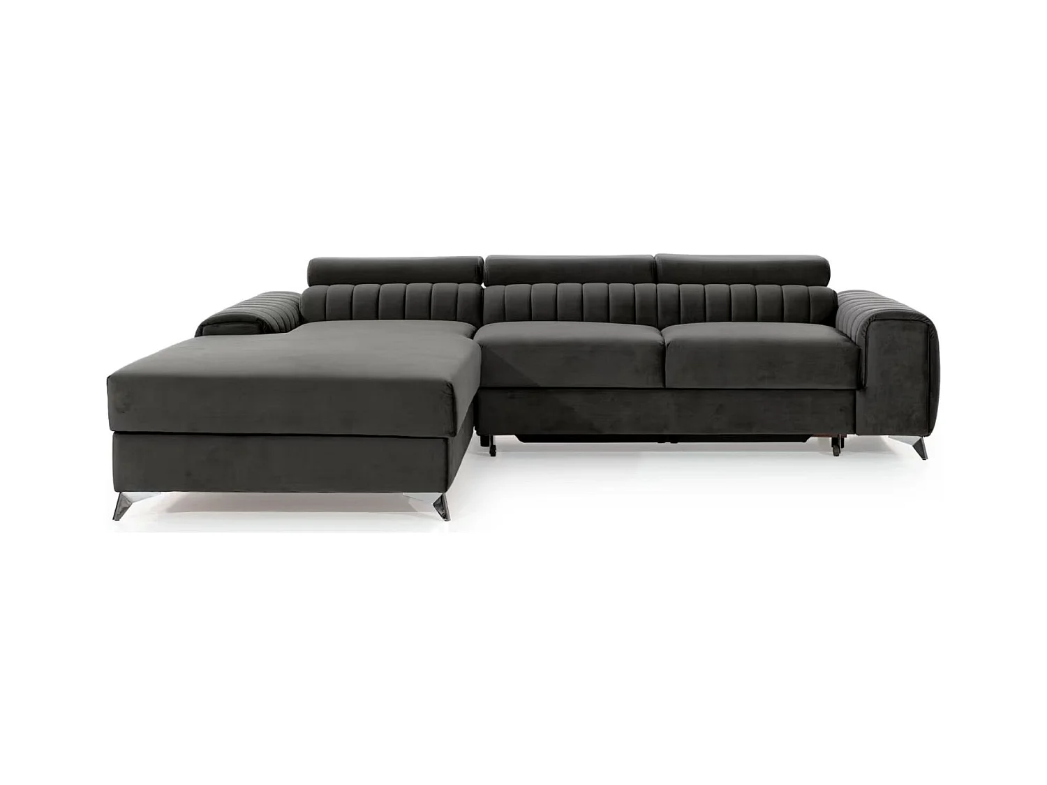 Canapé d'angle convertible velours têtière réglables GRENKY - Coffre, pieds acier chromé-Gris foncé-angle droit