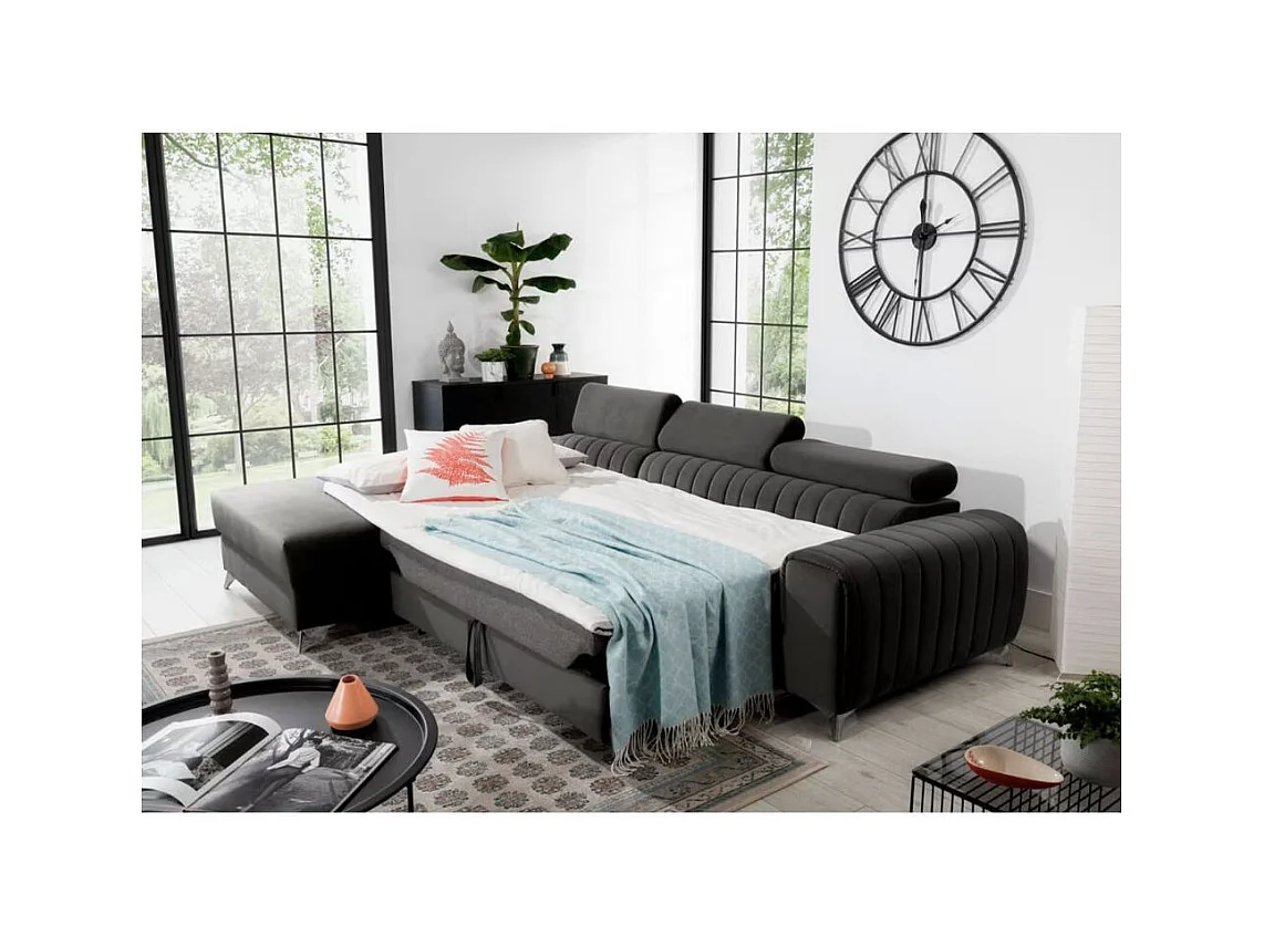 Canapé d'angle convertible velours têtière réglables GRENKY - Coffre, pieds acier chromé-Gris foncé-angle droit