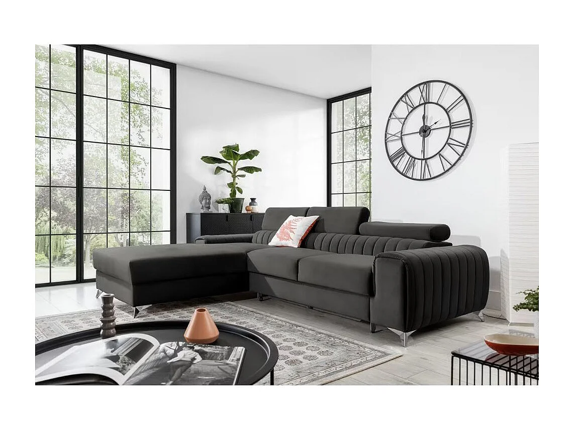 Canapé d'angle convertible velours têtière réglables GRENKY - Coffre, pieds acier chromé-Gris foncé-angle droit