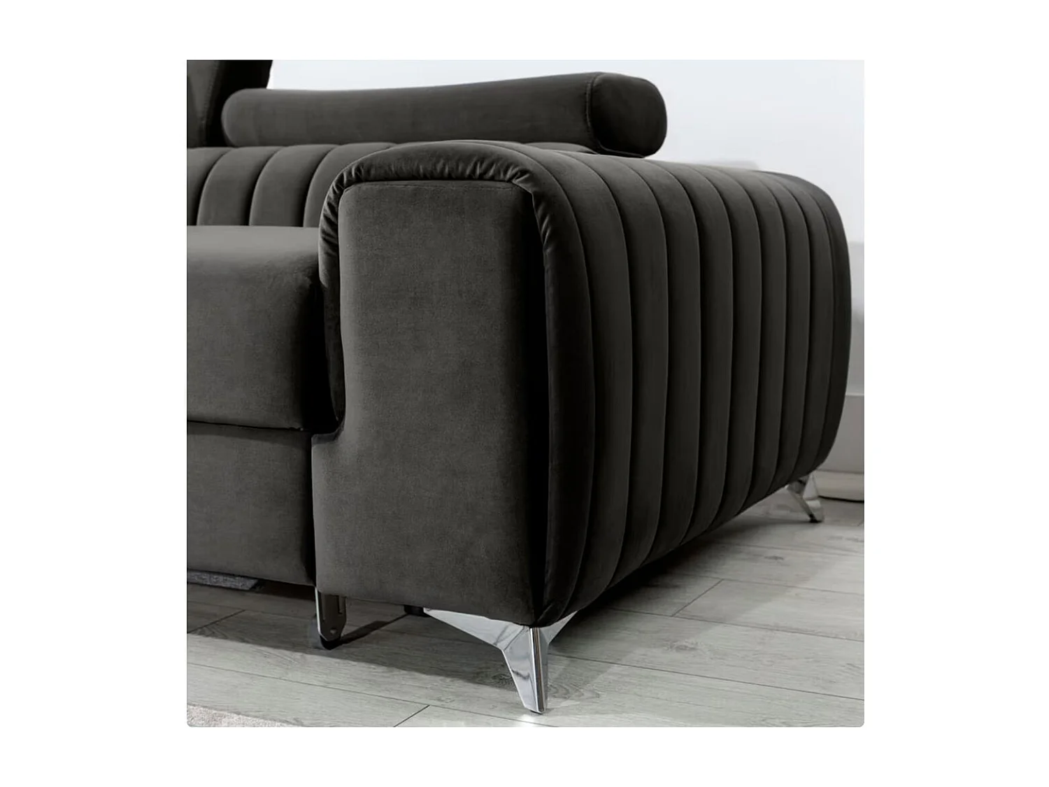 Canapé d'angle convertible velours têtière réglables GRENKY - Coffre, pieds acier chromé-Gris foncé-angle droit