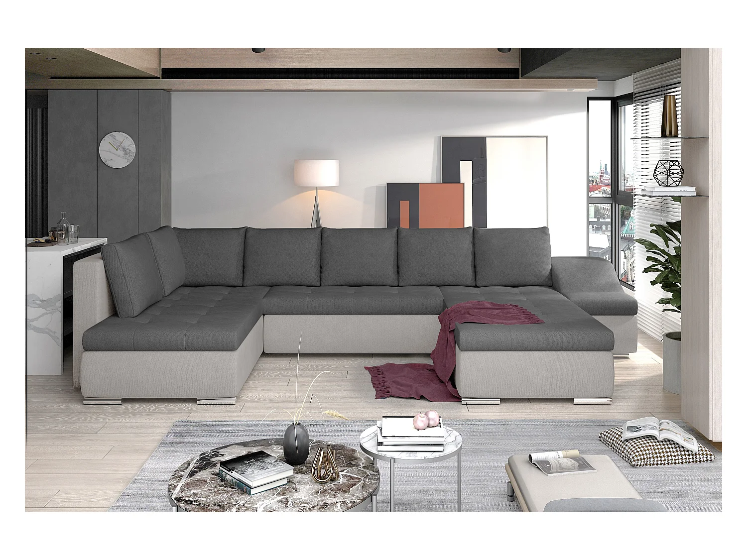 Canapé panoramique convertible JONAZ simili cuir, tissu - Rangement integré-Gris/Gris foncé-Méridienne A droite