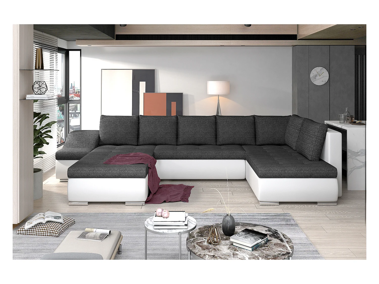 Canapé panoramique convertible JONAZ simili cuir, tissu - Rangement integré-Gris/Gris foncé-Méridienne A droite